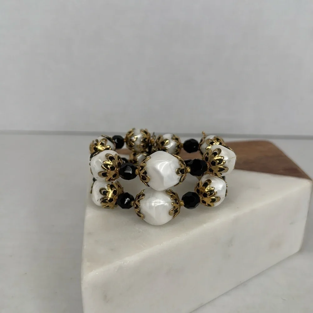 Iconic 1950s Memory Wire Bracelet Black and White with Gold Accents MCM lot C8